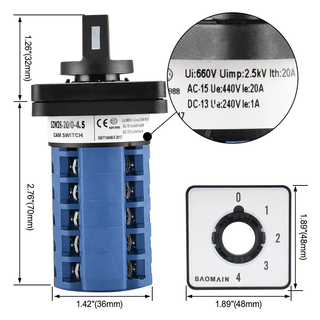 Baomain Rotary Switch Selector Cam Switch SZW26-20/0-4.5 5 Position Changeover Switch 20 Poles AC 660V 20A