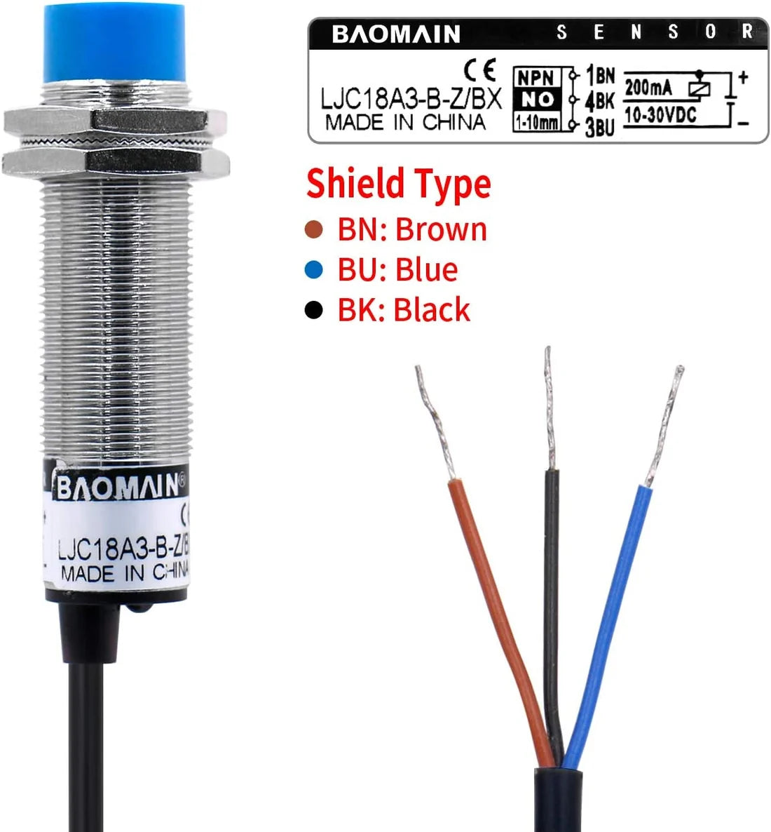Baomain M18 Capacitance Proximity Sensor Switch LJC18A3-B-Z/BX NPN NO DC 10-30V 200mA Detect 1-10 mm