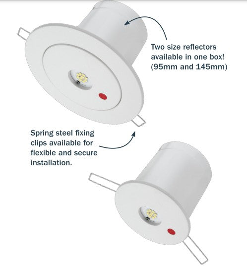 A white, cylindrical LED emergency light with a clipping mechanism and two size reflectors available. It is designed for recessed installation and includes a spring steel fixing clip.