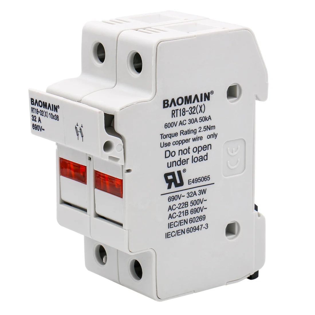 Baomain Cylindrical Fuse Holder RT18-32(X) 10*38mm 30A 10kA Fuse Base 35mm DIN Rail Mount UL