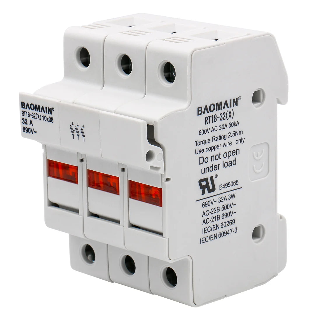 Baomain Cylindrical Fuse Holder RT18-32(X) 10*38mm 30A 10kA Fuse Base 35mm DIN Rail Mount UL