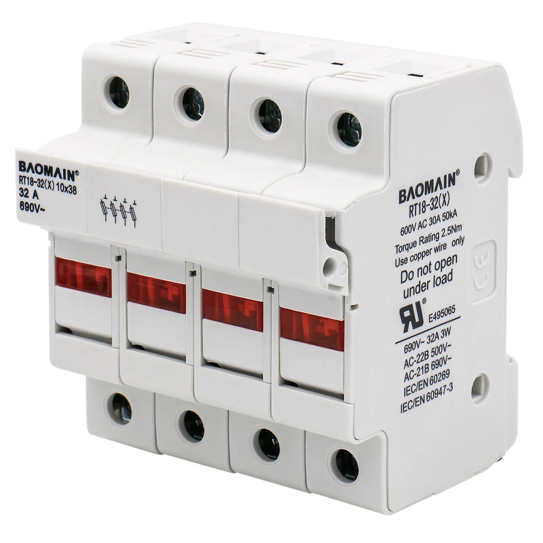 Baomain Cylindrical Fuse Holder RT18-32(X) 10*38mm 30A 10kA Fuse Base 35mm DIN Rail Mount UL