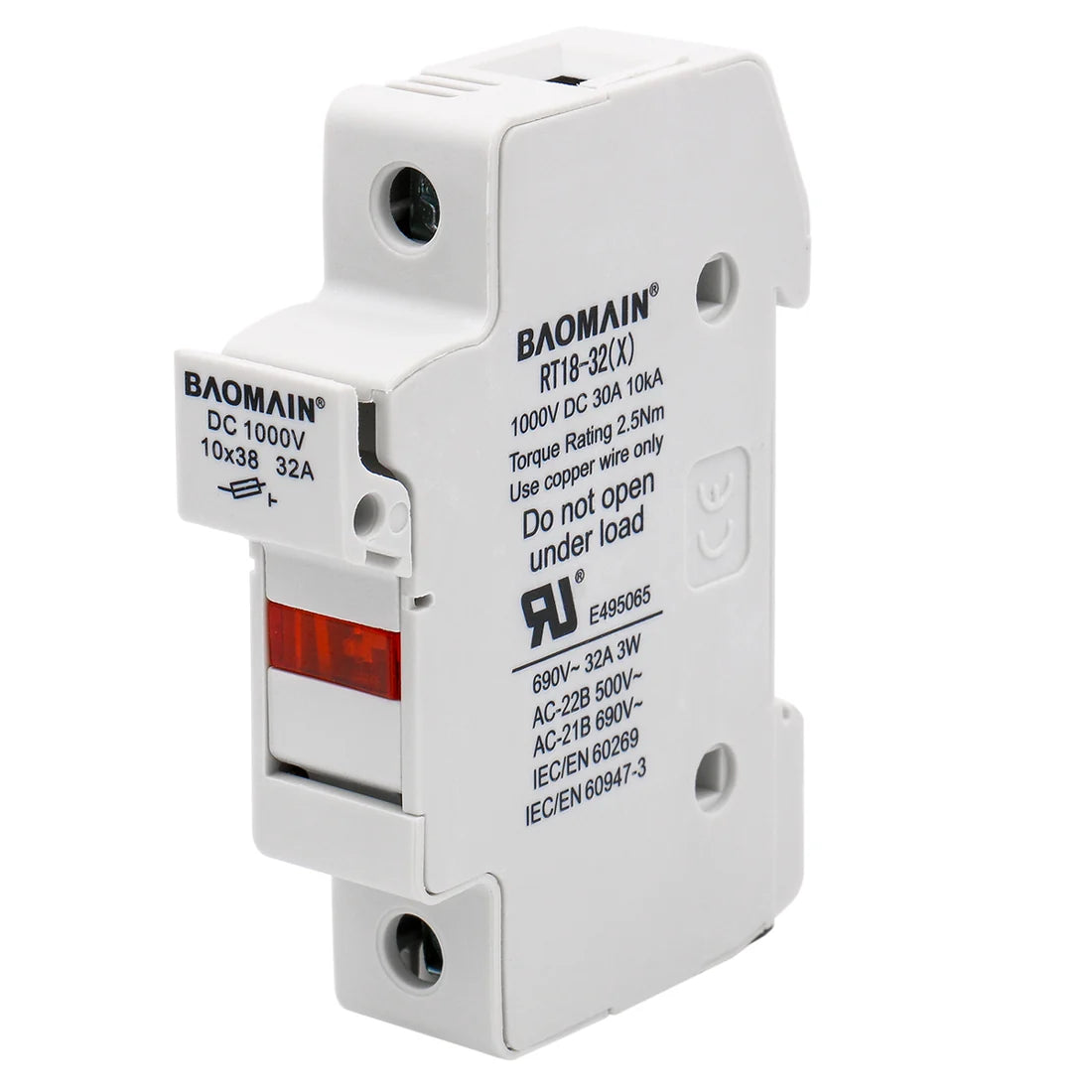 Baomain Cylindrical Fuse Holder RT18-32(X) 10*38mm 30A 10kA Fuse Base 35mm DIN Rail Mount UL