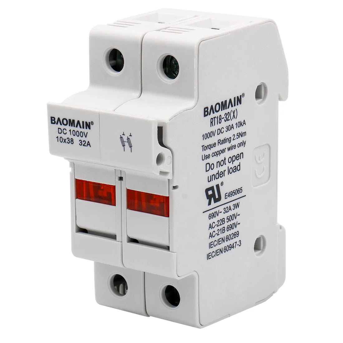 Baomain Cylindrical Fuse Holder RT18-32(X) 10*38mm 30A 10kA Fuse Base 35mm DIN Rail Mount UL