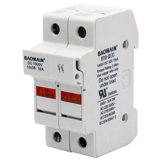 Baomain Cylindrical Fuse Holder RT18-32(X) 10*38mm 30A 10kA Fuse Base 35mm DIN Rail Mount UL