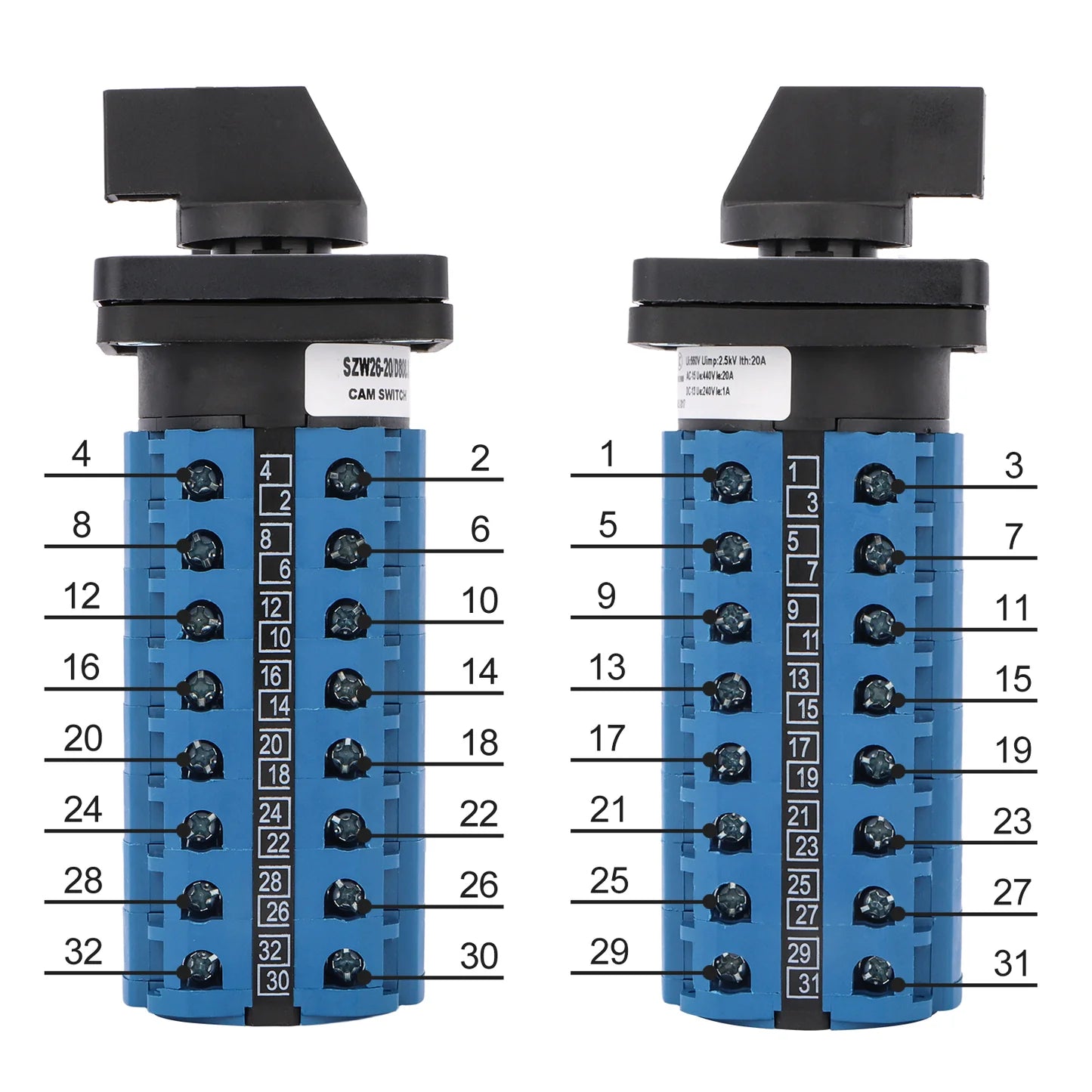 Baomain 20A Rotary Cam Changeover Switch 3 Position 8 Poles 32 Terminals 20Amp AC 660V, SZW26-20/D808.8