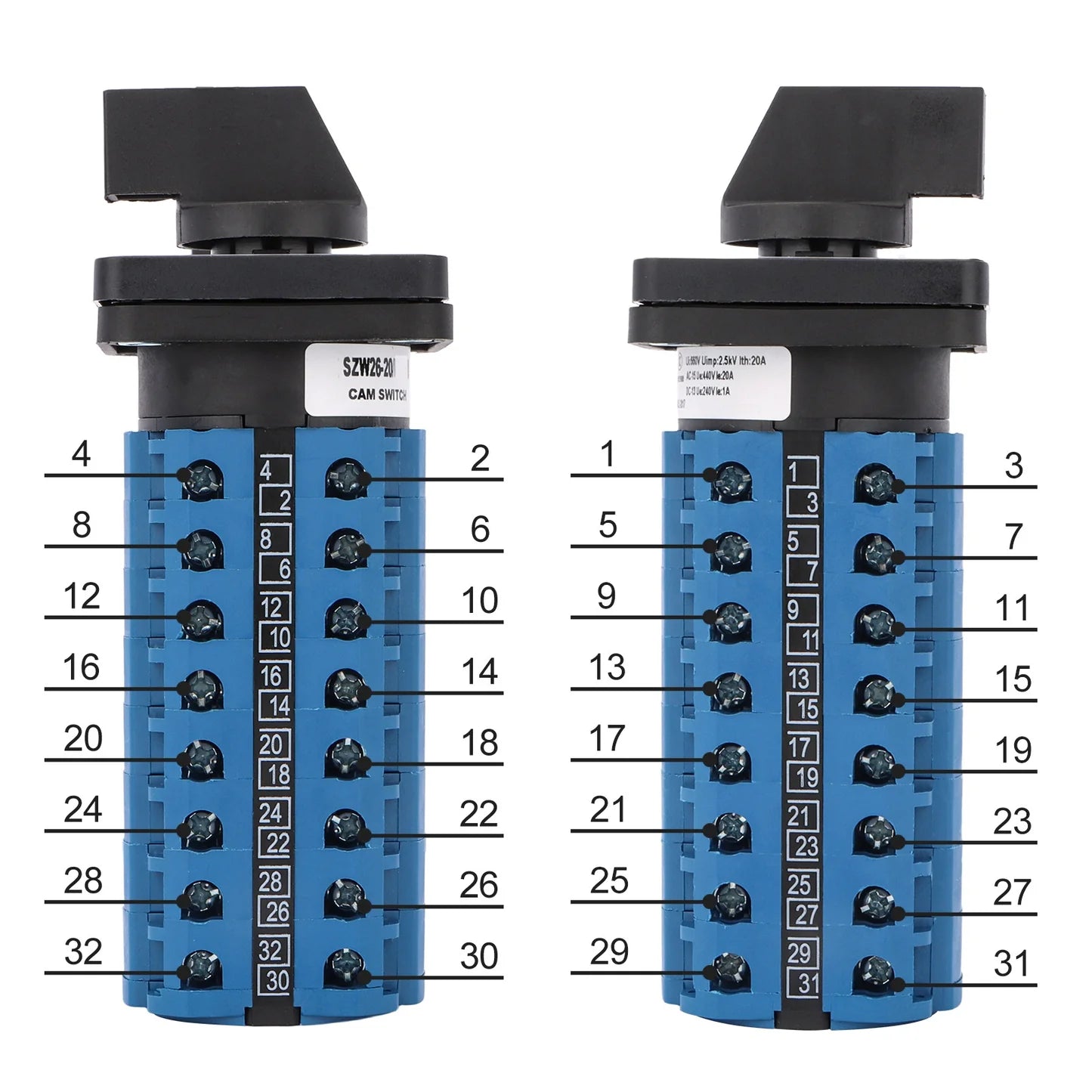 Baomain 20A Rotary Cam Changeover Switch 5 Position 8 Poles 32 Terminals 20Amp AC 660V, SZW26-20/F04444.8