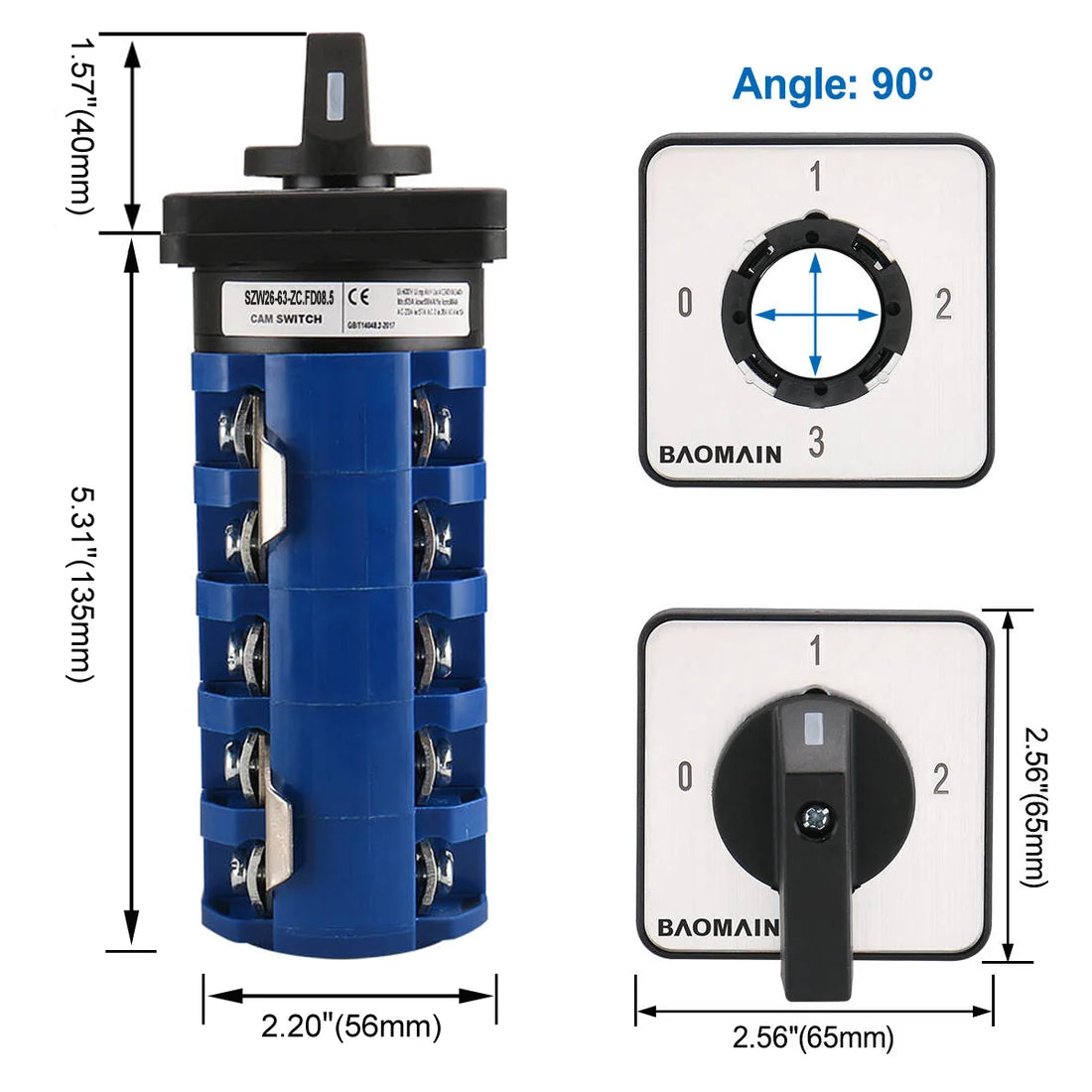 Baomain Rotary Changeover Switch 660V 63A 4 Position 5 Poles 18 Terminals Cam Switch, SZW26-63-ZC.FD08.5