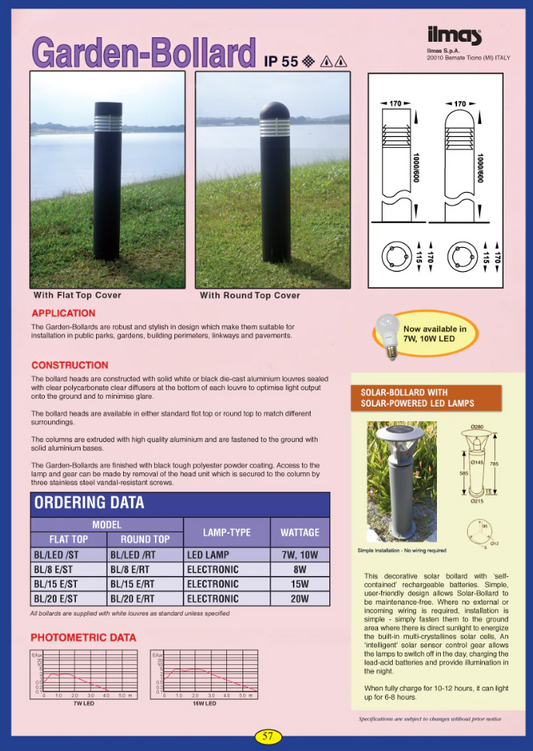 OEM Garden-BL/FT Weatherproof IP55 Bollard Fitting with Flat Top c/w 1x10W 6500K LED lamp