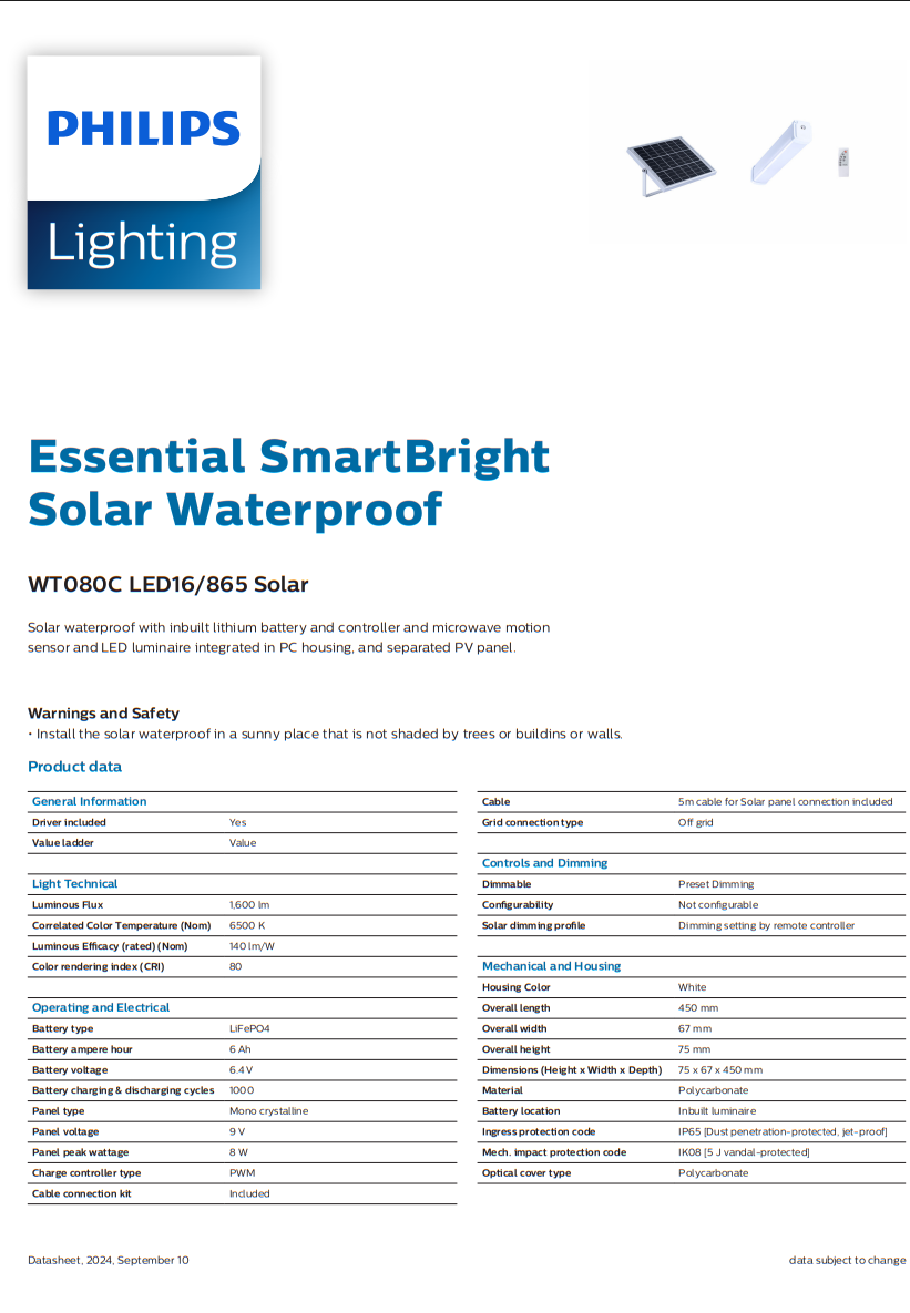 Philips SmartBright Solar Waterproof WT080C LED16/865 Solar x 48pcs