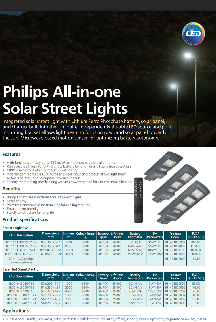Philips All-in-one Solar Street Light BRP110 LED120/757 G2 (911401834102)
