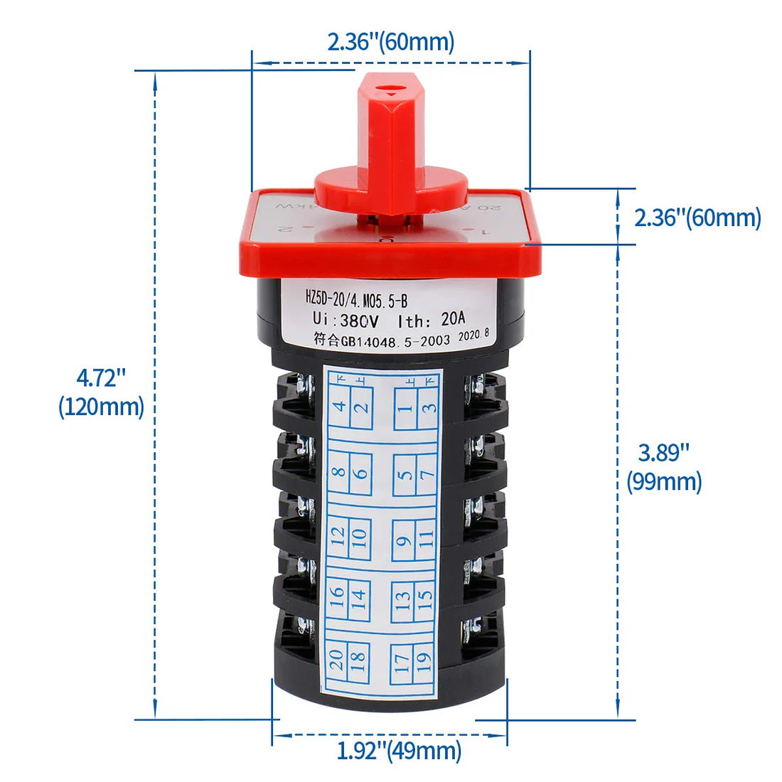 Baomain Changeover Switch HZ5D-20/4 M05.5-B 380V 20A 1-0-2 3 Positions 20 Terminals