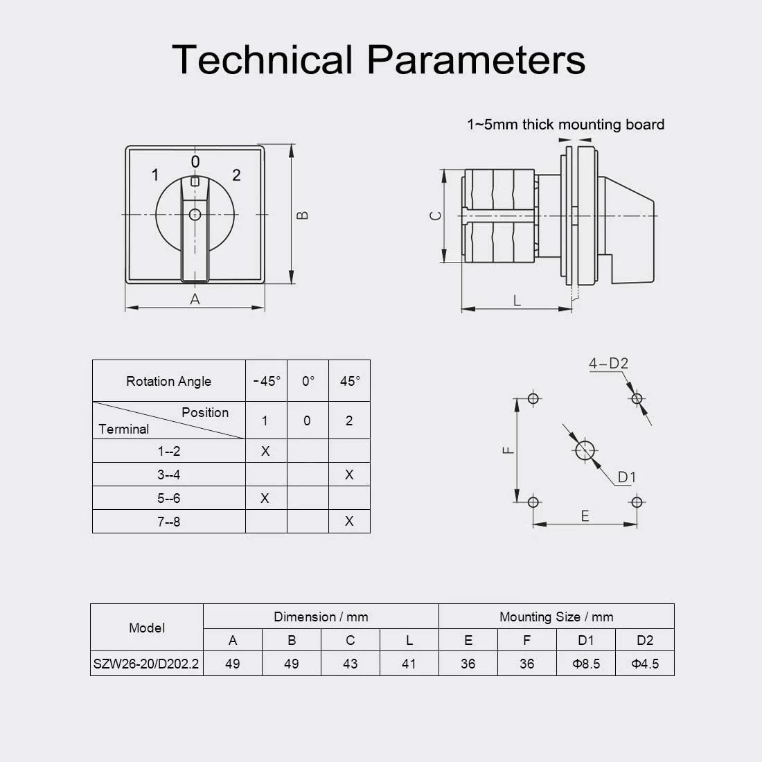 Baomain Rotary Universal Changeover Switch SZW26-20/D202.2 660V 20A 1-0-2 3 Positions 8 terminals 2 Phase Latching Function