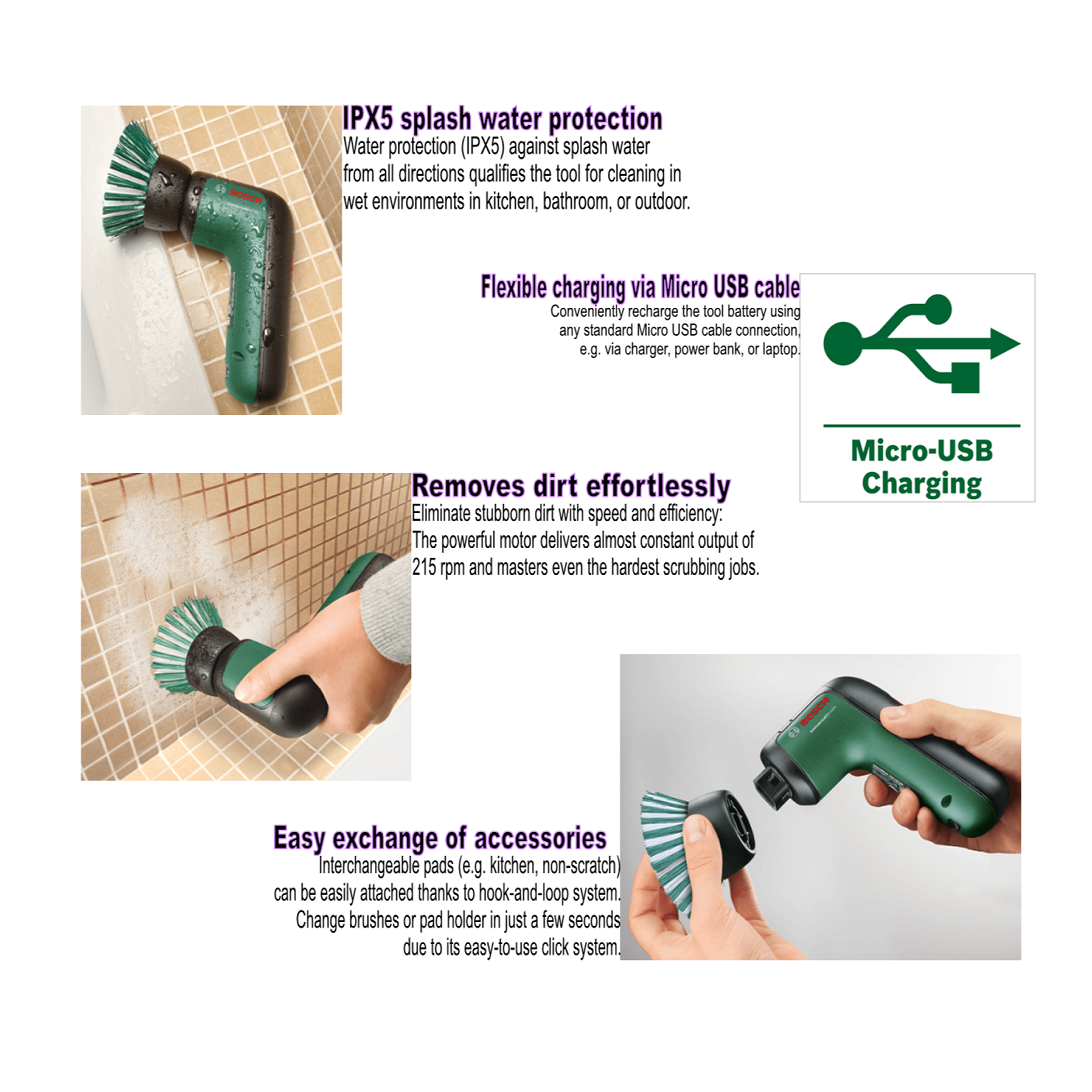 Bosch Cordless Universal Brush Cleaning Brush Set 3.6V | Power Scrubber