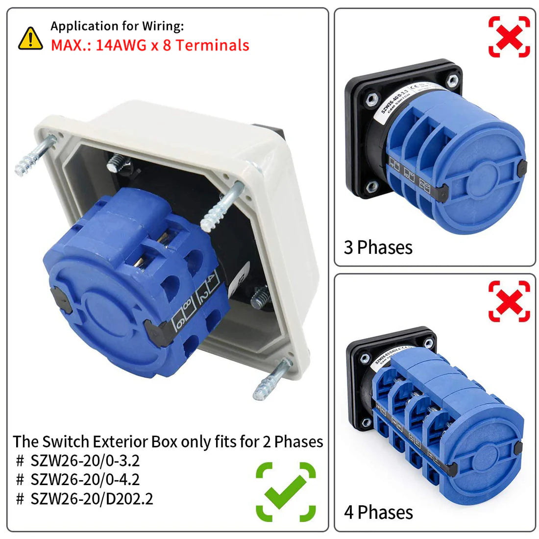 Baomain  Rotary Changeover Switch SZW26-20/D202.2D, with Box, 660V 20A, 3-Position, 2-Pole, 8-Terminal