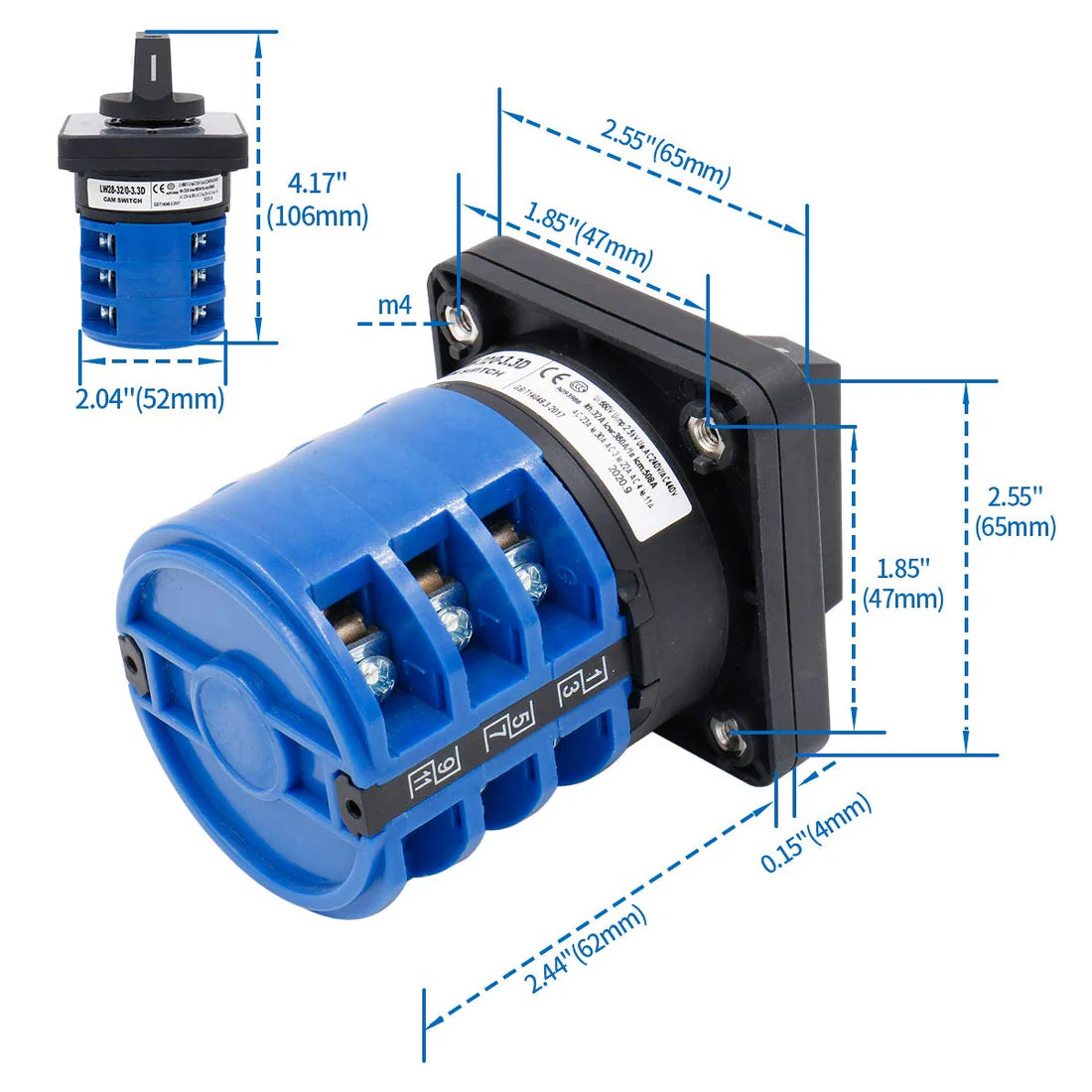 Baomain Rotary Changeover Switch SZW26-40/D303.3D, with Box, 660 V 40 A, 3-Position, 3-Pole, 12-Terminal
