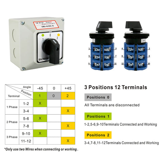 Baomain Rotary Changeover Switch SZW26-40/D303.3D, with Box, 660 V 40 A, 3-Position, 3-Pole, 12-Terminal