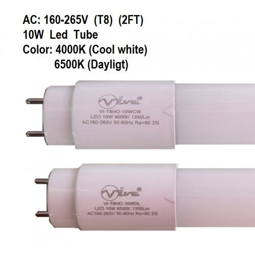 "VIVE" 160-265V T8 10W 2FT HO LED TUBE (1350lm)(6500K) (DOUBLE END WIRING) x10pcs