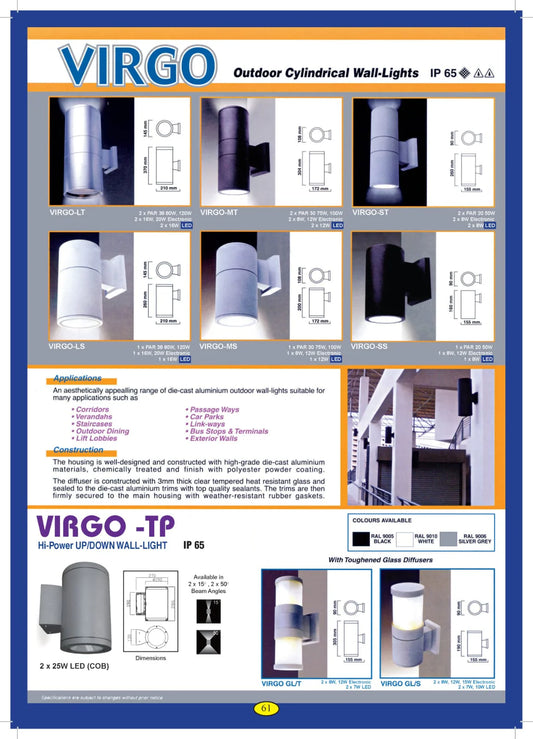 Virgo-TP (2x25W LED) 3000K Up/Down Wall Light c/w Lamp and Non-Dim Driver