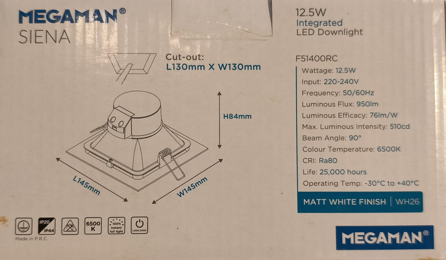 MEGAMAN F51400RC SIENA LED Square Downlight 5" 12.5W Delight