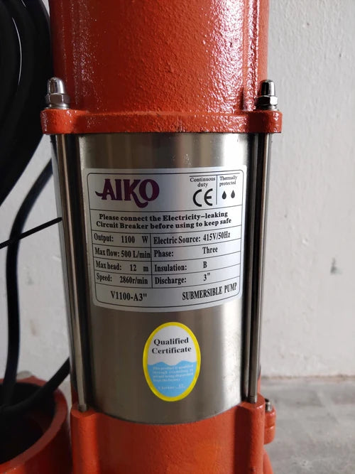Aiko 3" Submersible Sewage Pump 415V 50Hz 1100W Without Float | Model: WP-V1100-A3-415V