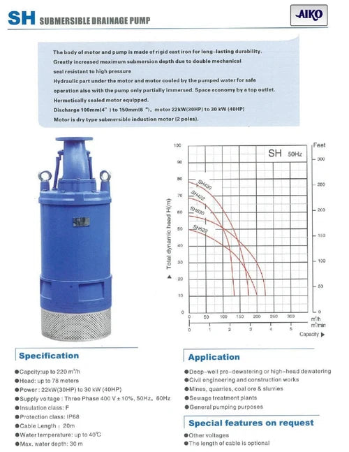 Meudy 4" 30HP (22KW) 415V Submersible Pump | Model : WP-SH422