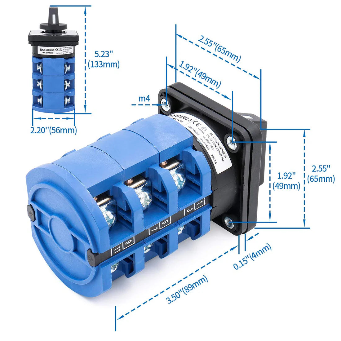 Baomain Universal Rotary Changeover Switch SZW26-63/D303.3D with Master Switch Exterior Box LW28-63/4 660V 63A 3 Position 3 Phase