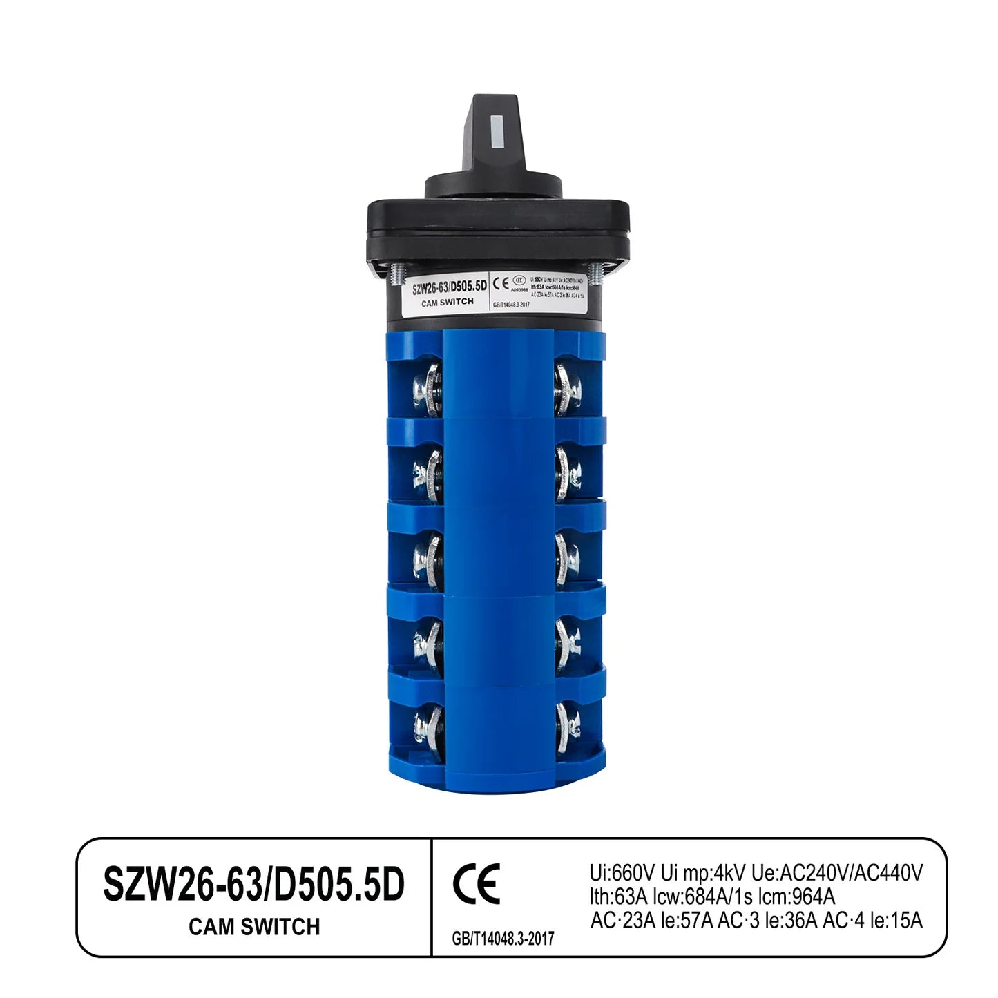 Baomain Universal Rotary Changeover Switch SZW26-63/D505.5 660V 63A 3 Position 5 Phase