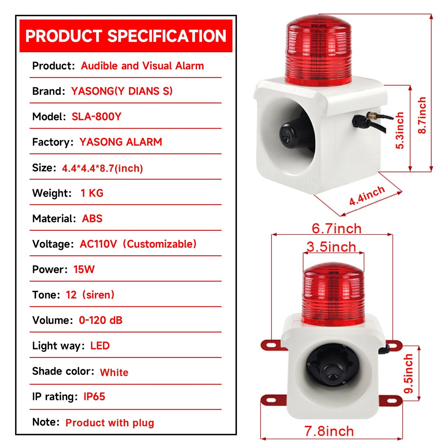 YASONG 500m/0.31mile Wireless Remote Control Siren Alarm One Remote Controls Multiple Sirens LED Strobe Warning Light 120dB Horn Power 15W for Loss Prevetion, Warehouse, Factories  SLA-800Y