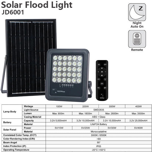 Nikkon JD6001 400W 6500K Solar Flood Light