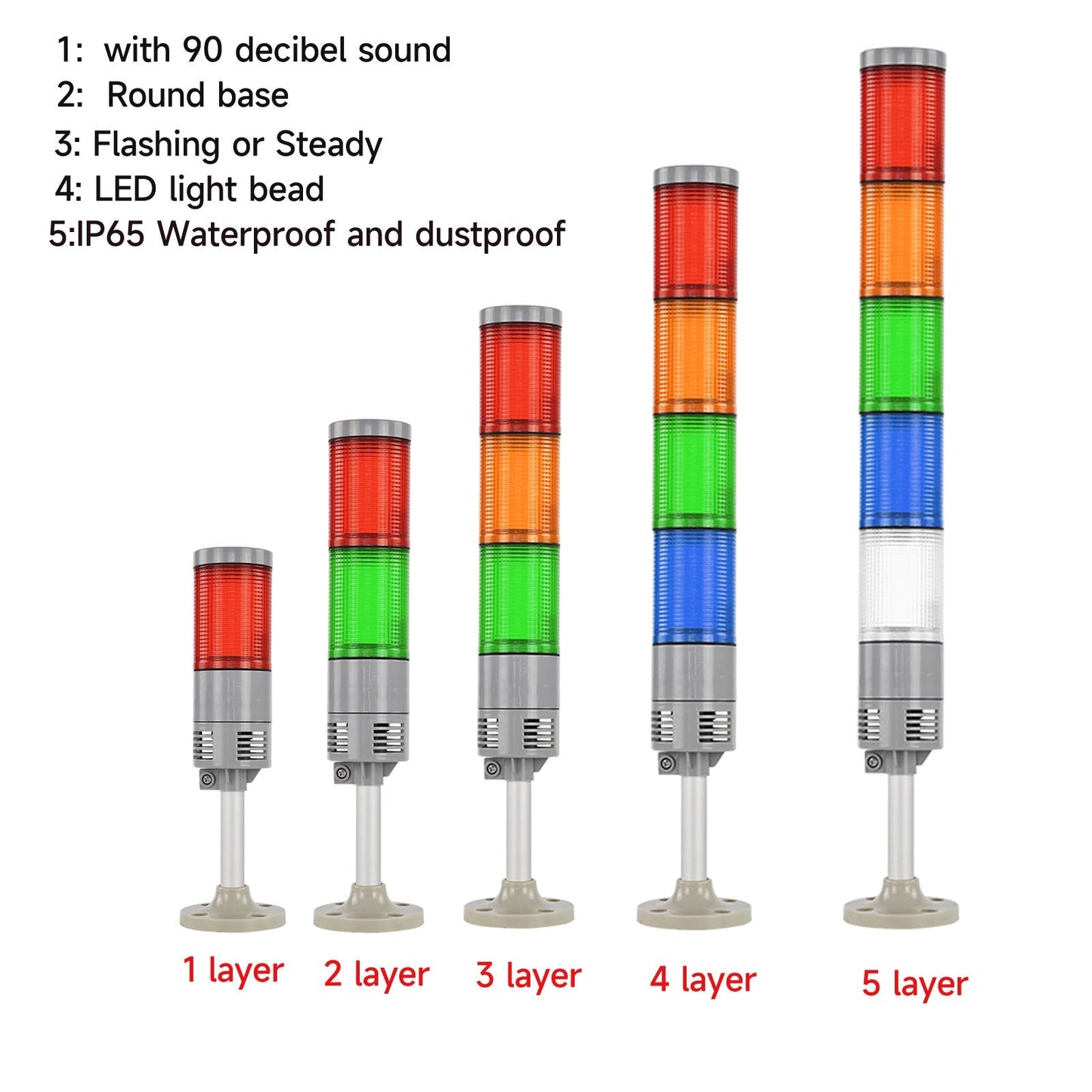 YASONG Tower Light IP65 Waterproof Multilayers Stack Warning Lights with Sound, 4 Types of Base, Flashing Light  For Machine LTA-052WJ