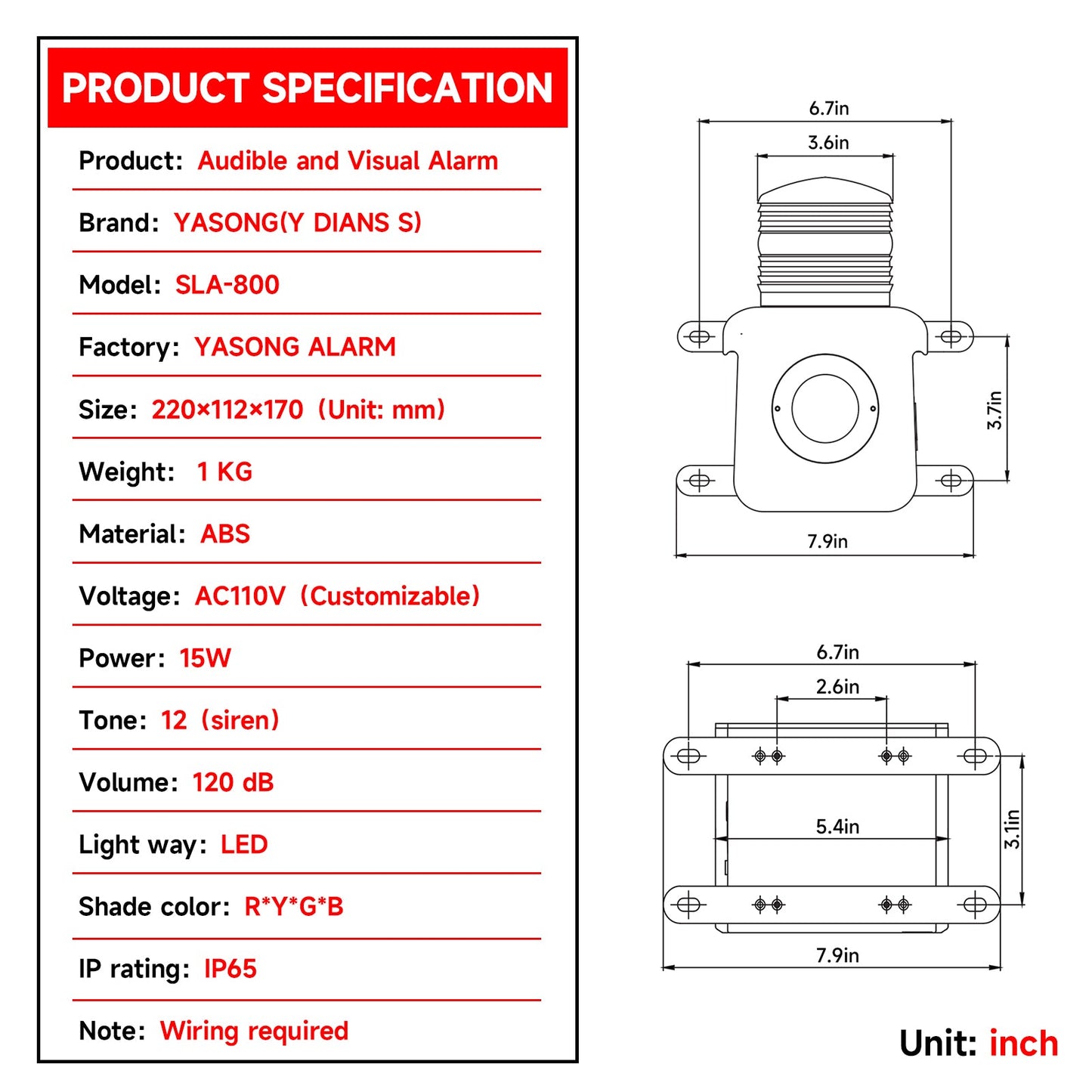 YASONG Industrial Alarm Siren with Strobe light 15W 120dB Horn Adjust Volume and Tone Siren for Security, Factories, Warehouses, Home and Docks SLA-800