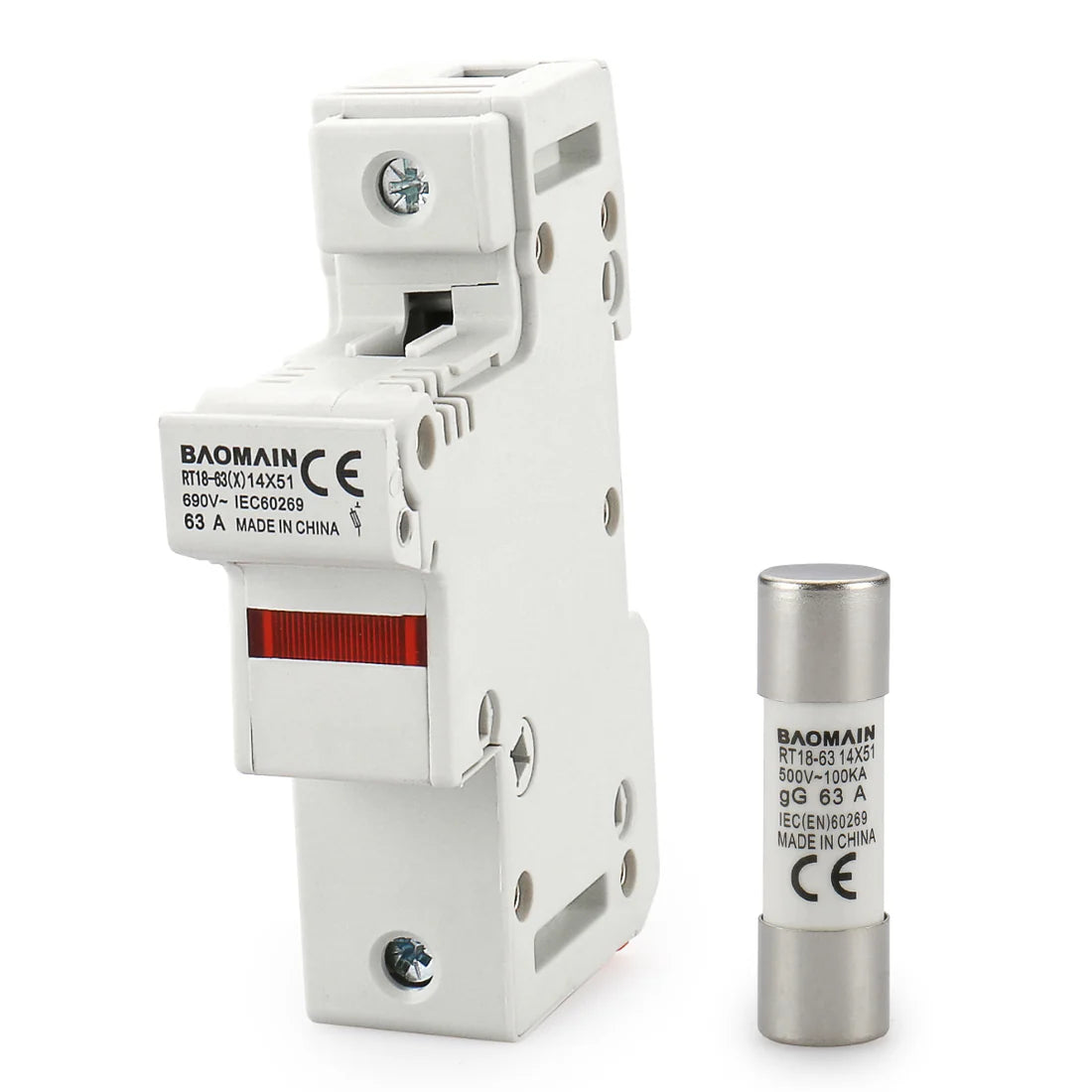 Baomain Cylindrical Fuse Holder RT18-63(X) 14mmX51mm Fuse Base DIN Distribution Electrical Rail Mount RO16 Fuse CE&TüV Listed