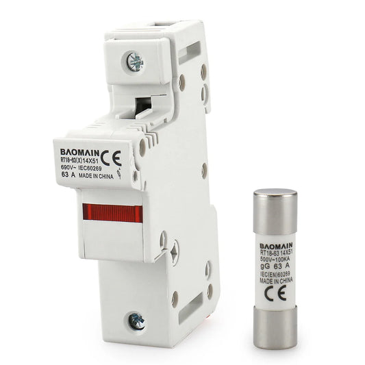 Baomain Cylindrical Fuse Holder RT18-63(X) 14mmX51mm Fuse Base DIN Distribution Electrical Rail Mount RO16 Fuse CE&TüV Listed