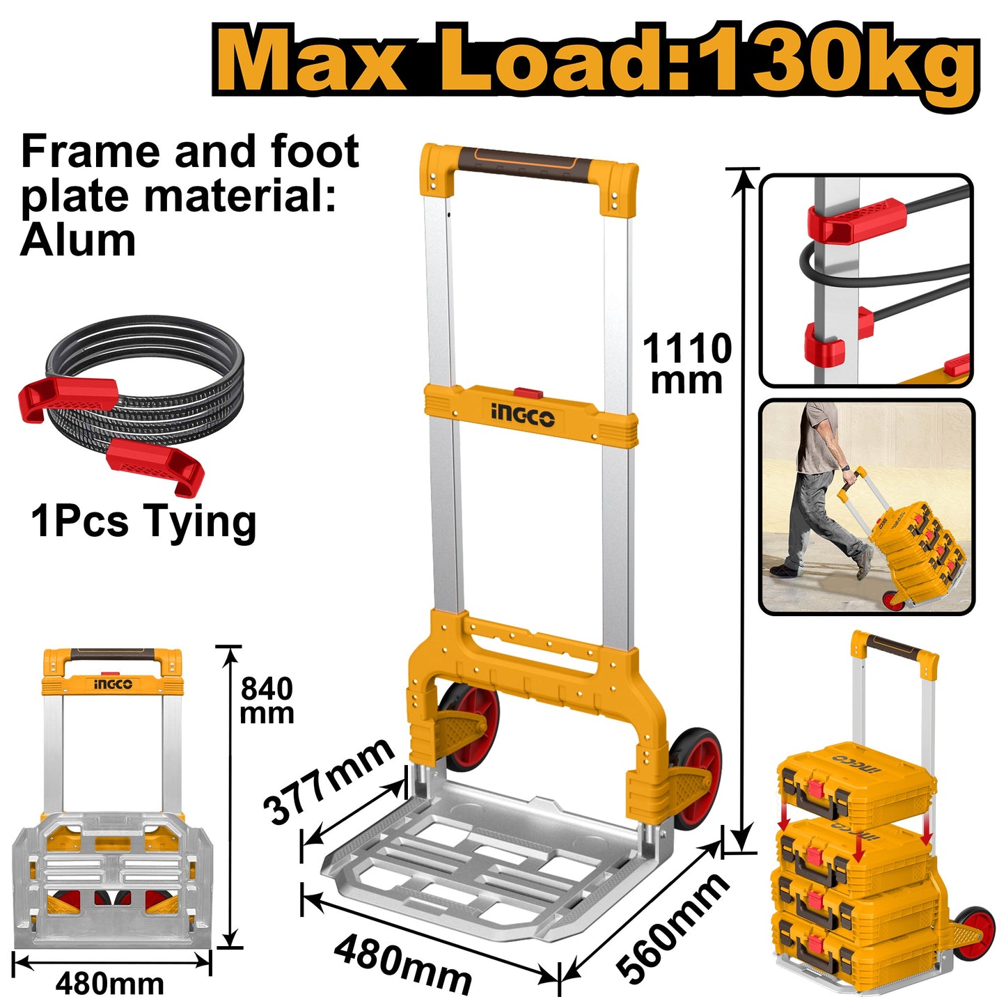 INGCO FOLDABLE HAND TRUCK LOAD 130KG 1100X558X506MM HHWB61201