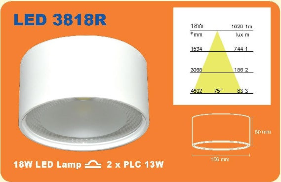 LITE-ACE LED 3818R 18W LED 4000K Aluminium Surface Mounted Round Downlights