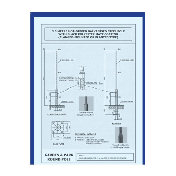 Flange Mounted Hot Dipped Galvanized Decorative Round Post Top Column 3.5M with Black Powder Coated c/w J-Bolts and Nuts-Fixture-DELIGHT OptoElectronics Pte. Ltd