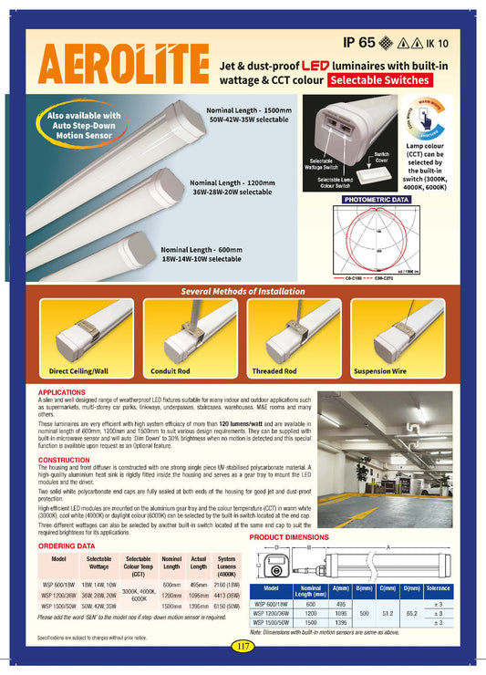 Aerolite WSP1200/36W Surface / Suspended Mounted IP65 (1200mm) Light Fixture