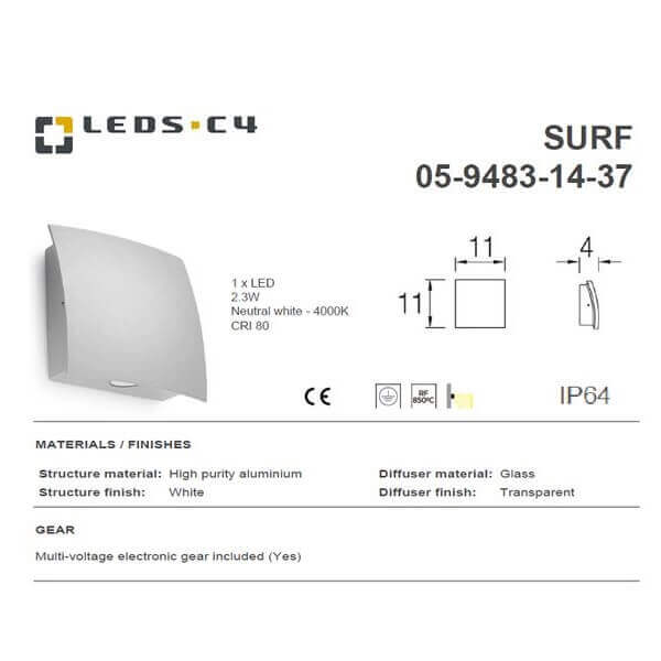 LEDS.C4 SURF 05-9483-14-37/05-9484-14-37 IP64 Outdoor Wall Light-Fixture-DELIGHT OptoElectronics Pte. Ltd