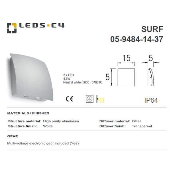 LEDS.C4 SURF 05-9483-14-37/05-9484-14-37 IP64 Outdoor Wall Light-Fixture-DELIGHT OptoElectronics Pte. Ltd