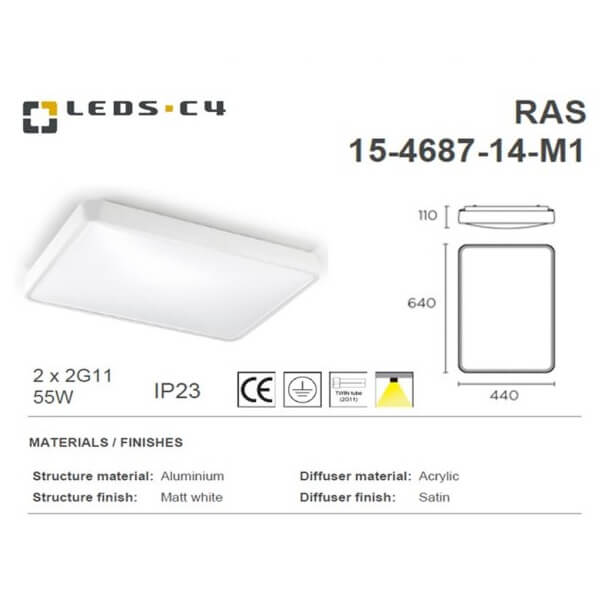 LEDS.C4 RAS 15-4687-14-M1 IP23 2x2G11 55W flush ceiling light.-Home Decore-DELIGHT OptoElectronics Pte. Ltd
