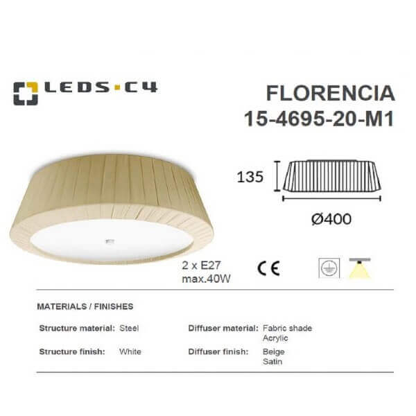 LEDS.C4 FLORENCIA IP23 Max 40W E27 Ceiling Light-Home Decore-DELIGHT OptoElectronics Pte. Ltd