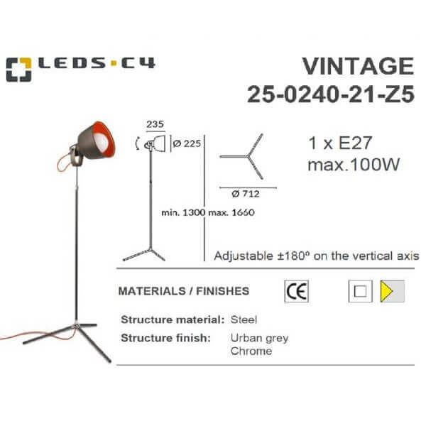 LEDS.C4 VINTAGE IP20 1 x E27 max.100W Floor Lamp-Home Decore-DELIGHT OptoElectronics Pte. Ltd