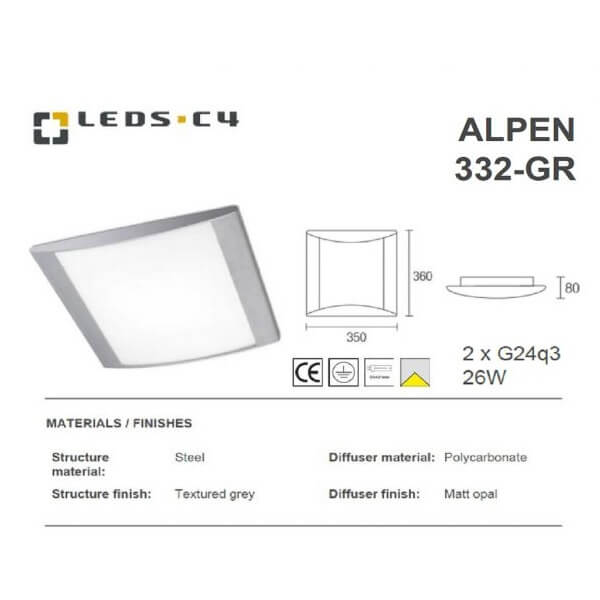 LEDS.C4 ALPEN 332-GR 26W square wall/ceiling lantern,-Home Decore-DELIGHT OptoElectronics Pte. Ltd