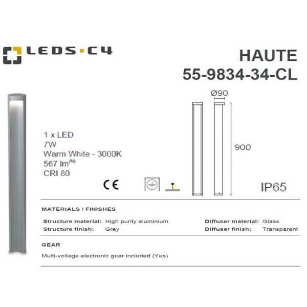 LEDS.C4 HAUTE 55-9834-34-CL IP65 1 x LED Bridgelux 7W Warm White - 3000K Out door Light-Fixture-DELIGHT OptoElectronics Pte. Ltd