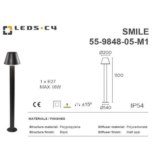 LEDS.C4 SMILE 55-9848-05-M1 IP54 1 x E27 MAX 18W Outdoor Lamp-Fixture-DELIGHT OptoElectronics Pte. Ltd