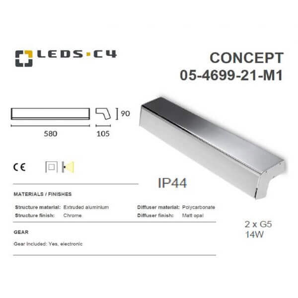 LEDS.C4 CONCEPT 05-4699-21-M1/CONCEPT 05-4700-21-M1 IP44 2xG5 Bathroom Wal Light-Home Decore-DELIGHT OptoElectronics Pte. Ltd