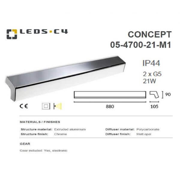 LEDS.C4 CONCEPT 05-4699-21-M1/CONCEPT 05-4700-21-M1 IP44 2xG5 Bathroom Wal Light-Home Decore-DELIGHT OptoElectronics Pte. Ltd