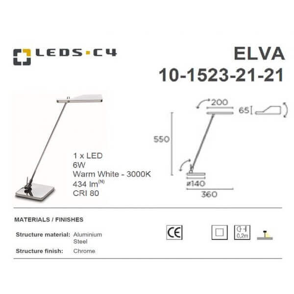 LEDS.C4 ELVA 10-1523-21-21 IP20 1 x LED Citizen 6W Warm White - 3000K Table Lamp-Home Decore-DELIGHT OptoElectronics Pte. Ltd