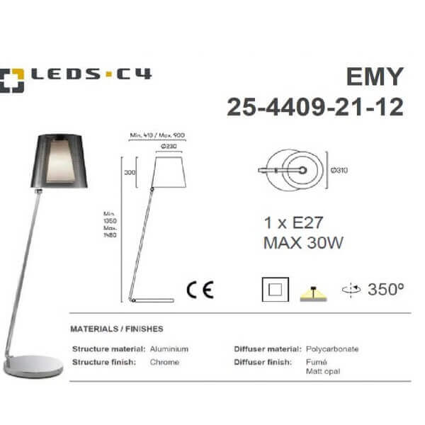 LEDS.C4 EMY 25-4409-21-12 IP20 1 x E27 MAX 30W Floor Lamp-Home Decore-DELIGHT OptoElectronics Pte. Ltd